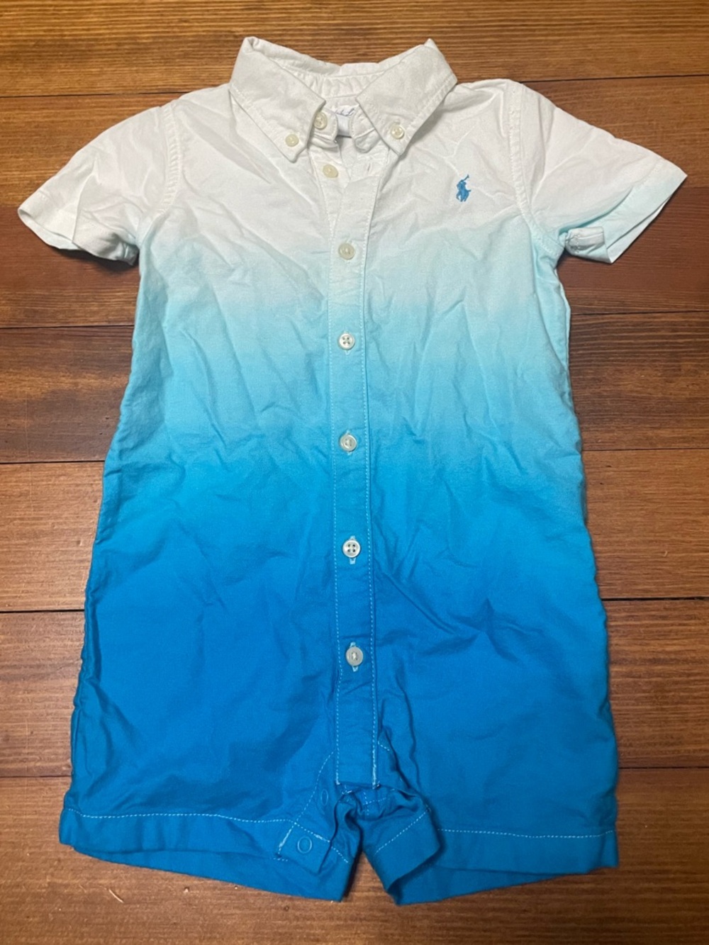 Ralph Lauren White & Light Blue Cotton Dip Dye Ombré Romper Size 18 Months